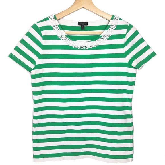 Talbots》 Green & White T-Shirt with Beaded Neckline - Picture 1 of 7